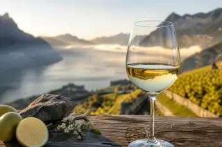 Glass of white wine on a wooden table with alpine lake and snowy mountains in the background at sunrise, emphasizing freshness and mountain atmosphere.