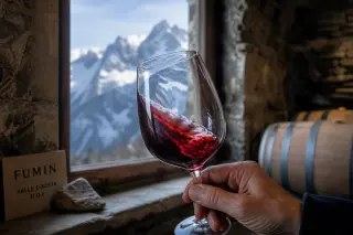 Sommelier holding a glass of deep red wine with Alpine peaks reflected, rustic stone cellar and wooden barrels in the background.