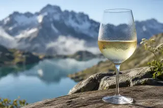 Glass of white alpine wine with condensation, set on wood with misty mountain lake and snowy Alps softly blurred in the background.