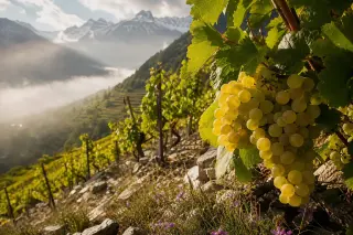 Golden-hued Bergeron grape cluster in a steep alpine vineyard with terraced rows, misty snow-capped mountains in the background, and vibrant, rocky terrain bathed in soft afternoon light.