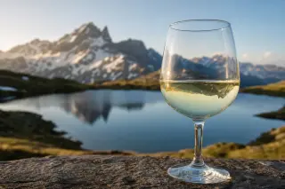 Glass of white wine on a wooden table with alpine lake and snowy mountain peaks in the background, soft golden afternoon light suggesting cool mountain air.
