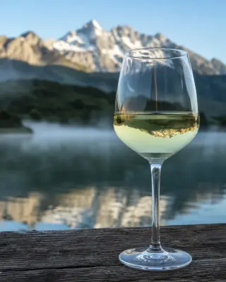 Glass of Apremont white wine on a wooden table with misty alpine lake and snow-capped mountains in the background