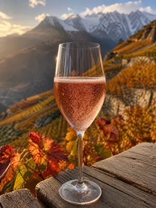Glass of sparkling rosé wine on a wooden table overlooking terraced alpine vineyards and snow-capped mountains at sunset